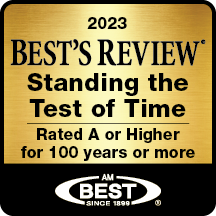 A gold and black logo from Best's Review for Standing the Test of Time: Rated A or Higher for 100 years 2023.